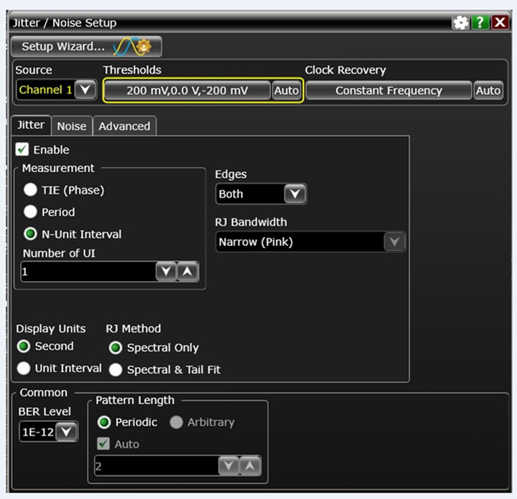 그림 2. 랜덤 및 결정적 지터를 측정하기 위한 오실로스코프에서의 N-unit 간격 지터 측정 설정