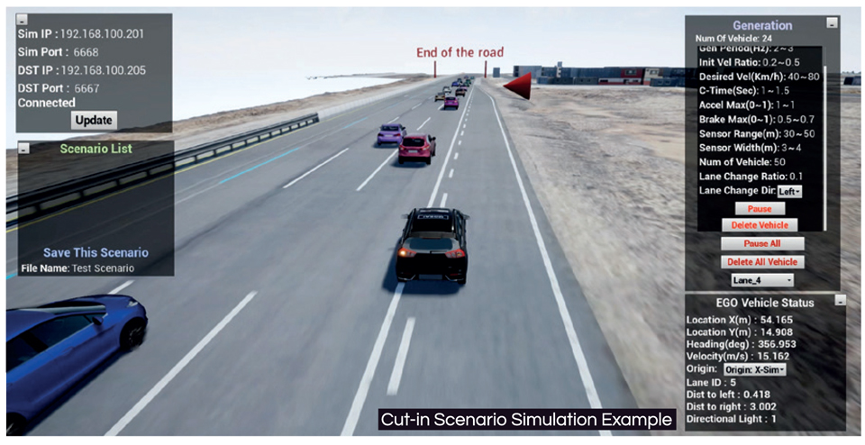 모라이 시뮬레이션 툴 사용환경. 자동생성한 시나리오에서 알고리즘을 검증하는 모습