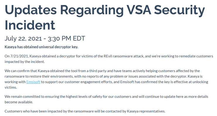 지난해 7월 최대 규모의 랜섬웨어 공격을 당한 미국 IT보안관리 서비스 기업인 카세야에 올라온 공지문