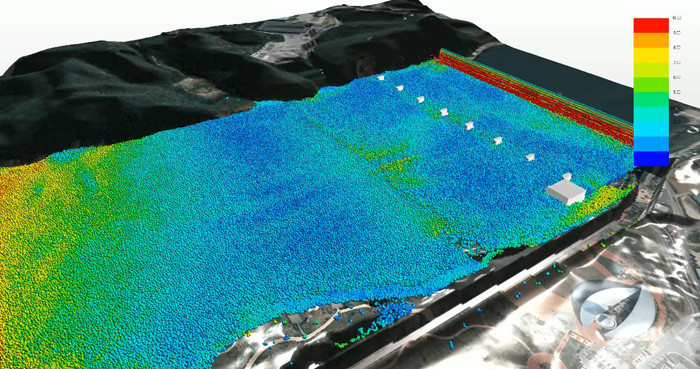 NFLOW로 댐과 저수지 내 유체해석 시뮬레이션 화면