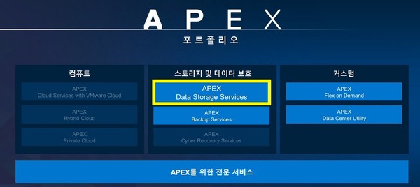 델 에이펙스 포트폴리오. 진하게 표시된 부분이 국내 공식 출시된 에이펙스 서비스이며, 컴퓨트 서비스는 4분기 중 국내 출시될 예정이다.