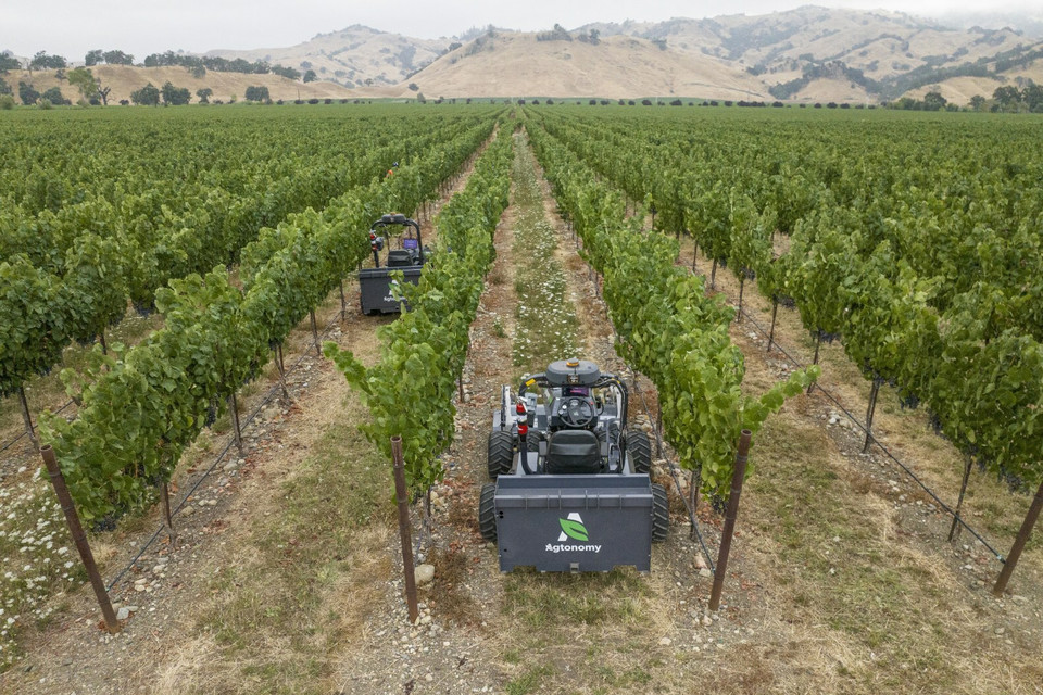 Agtonomy-enabled tractors autonomously mow rows in a California vineyard. Agtonomy's tele-guidance platform and software service remotely enables common agricultural field tasks, including multi-fleet management.