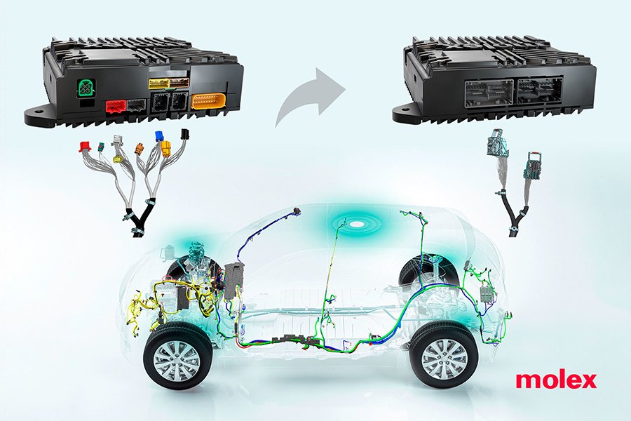 The Molex MX-DaSH connector portfolio integrates power and high-speed data transmission in a single connector system(top right), where current designs require 8+ inputs to achieve the same results(top left). This compact design delivers major savings in space, cost and labor.
