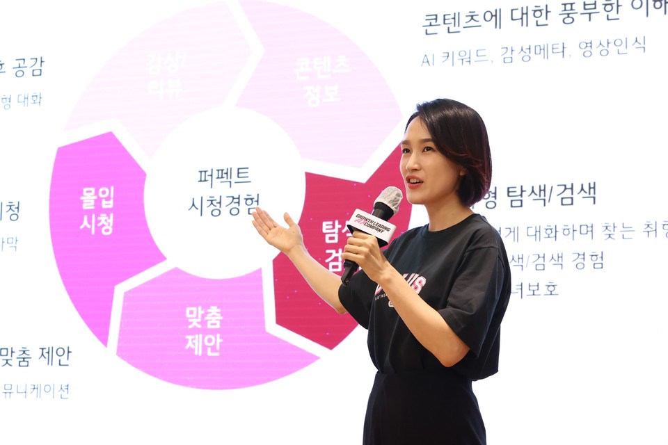 정진이 LG유플러스 미디어사업트라이브장이 시청 전 콘텐츠 탐색부터 시청 후 소통까지 차별적 고객가치를 제공하는 ‘U+tv’의 신규 AI 기능을 소개하고 있다. [사진=LG유플러스]