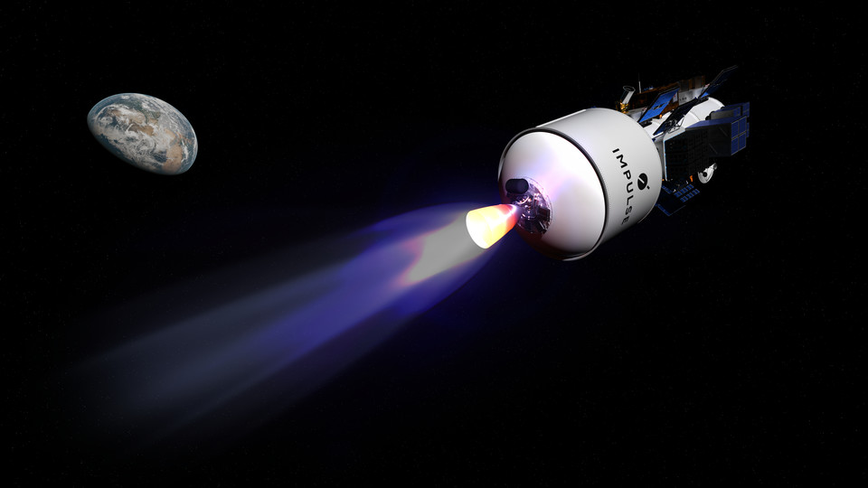 A rendering of Impulse Space's Helios vehicle, carrying several payloads, as the powerful Deneb engine is firing.