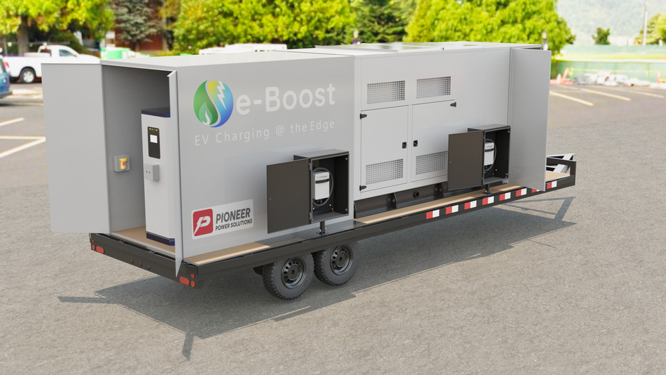 e-Boost Mobile ‘Open Flex’ featuring 175kW power unit with one 120kW Level 3 fast charger, four 15.3kW Level 2 chargers and a grid-tie transfer switch.