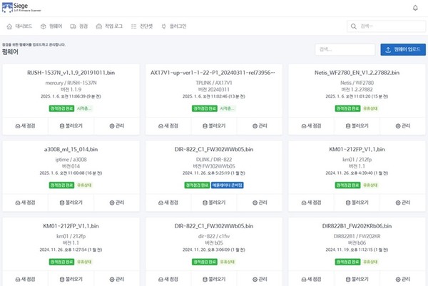 시즈IoT가 취약점을 점검하고 있는 펌웨어 목록과 진행 상태 [사진=라온시큐리티]