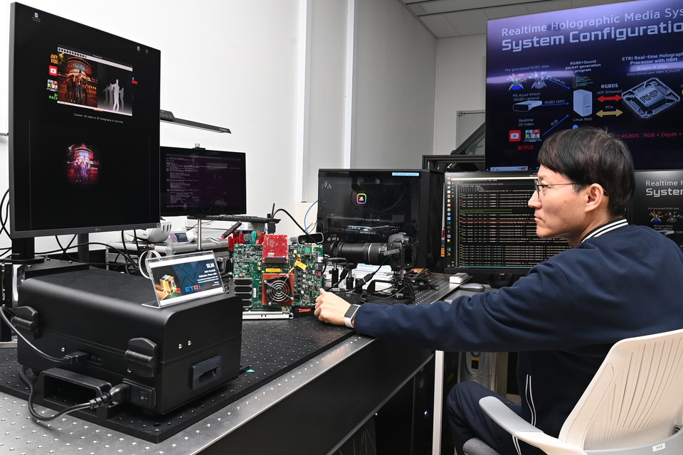 ETRI 연구진이 디지털 홀로그래피 미디어 프로세서(RHP)를 시연하고 있다. [사진=ETRI]