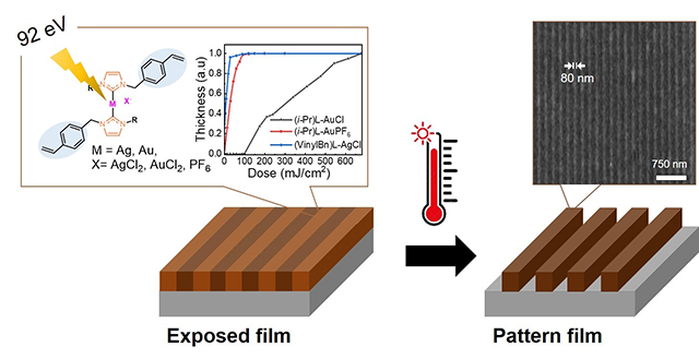 연구팀은 자체 개발한 극자외선(EUV) 포토레지스트의 EUV 흡광도를 확인했으며 극자외선(EUV)으로 인한 고분자 형성을 이용한 열기반 건식 공정법을 개발, 80나노 수준의 패턴 구현에 성공했다. [사진=GIST]