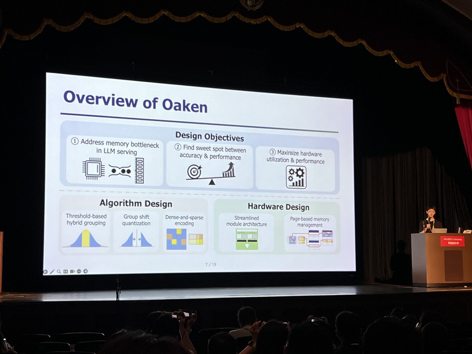 21일(현지시간) 일본 도쿄에서 개막한 ‘2025 국제 컴퓨터구조 심포지엄(ISCA 2025)’에서 연구진이 연구목표와 기술에 대해 발언하고 있다. [사진=KAIST]