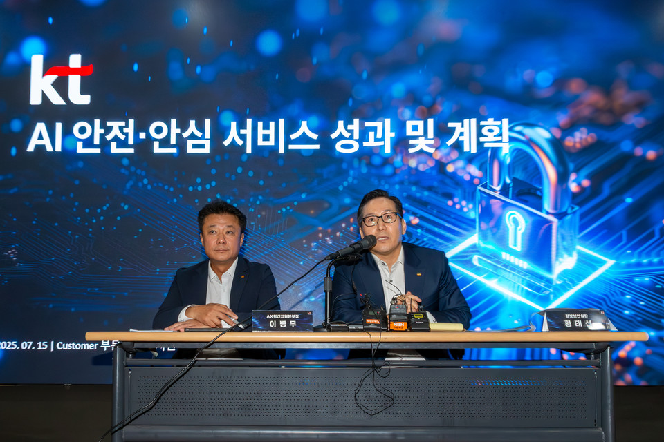 KT AX혁신지원본부장 이병무 상무와 KT 정보보안실장 황태선 상무가 브리핑에서 발언하고 있다. [사진=KT]