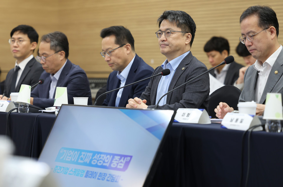 문신학 산업통상자원부 1차관이 13일 서울 마포구 한국중견기업연합회 회의실에서 열린 중견기업 릴레이 현장 간담회에서 인사말을 하고 있다. [사진=산업부]