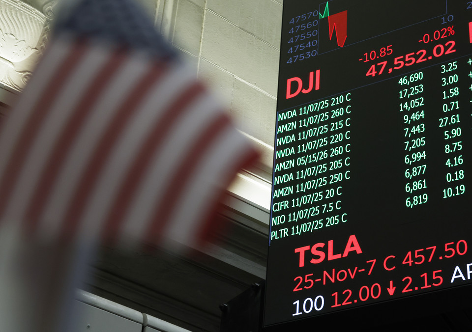 11월3일(현지시간) 뉴욕 월스트리트 뉴욕증권거래소(NYSE) 전광판에 엔비디아와 아마존 선물가격이 표시돼 있다. [사진=UPI통신]