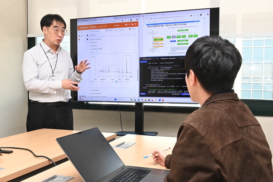 ETRI 연구진이 산업 AI 전환을 위한 확장 가능한 멀티모달 생성형 파운데이션 모델 개발에 관해 논의하고 있다. [사진=ETRI]